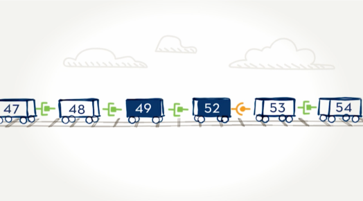 EXONDYS 51 exon skipping train car example EXONDYS 51 exon skipping example depicting train cars numbered 47 through 54 with 50 and 51 missing