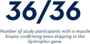 36/36 - Number of study participants with a muscle biopsy confirming exon skipping in the dystrophin gene. 36/36 - Number of study participants with a muscle biopsy confirming exon skipping in the dystrophin gene.