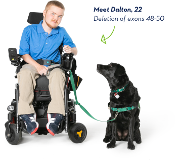 EXONDYS 51 patient Dalton and his dog EXONDYS 51 patient Dalton, age 22, seated in wheelchair with his black service dog sitting by his side looking up at him