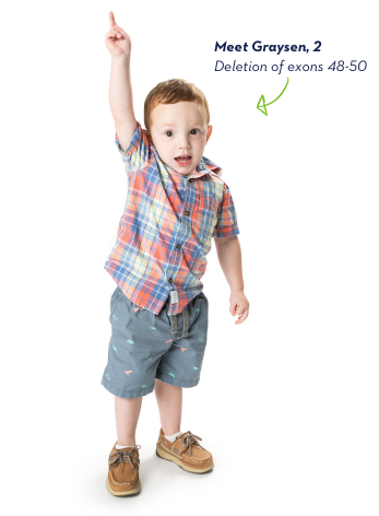 EXONDYS 51 patient Graysen EXONDYS 51 patient Graysen, age 2, standing and pointing to the sky