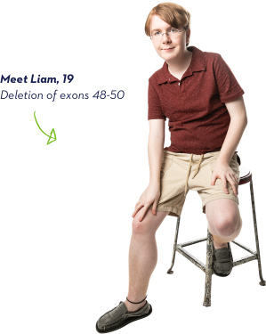 EXONDYS 51 patient Liam, age 19, sitting on a stool looking at the camera with a white background