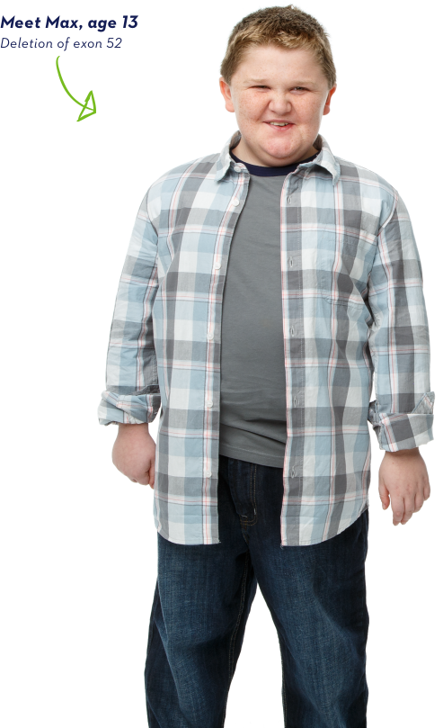 EXONDYS 51 patient Max EXONDYS 51 patient Max, age 13, standing and looking at the camera with a white background