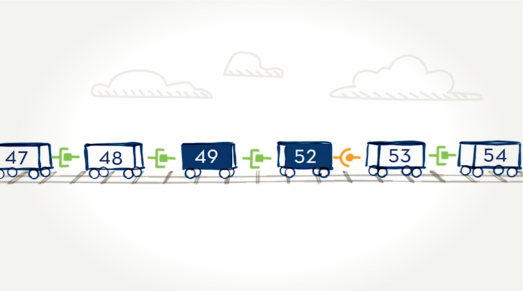 EXONDYS 51 understanding exon skipping - remaining exons are connected EXONDYS 51 illustration depicting remaining exons of the dystrophin connected (49 connected to 52 after skipping 51), with exons shown as train cars to help explain how exon skipping technology works